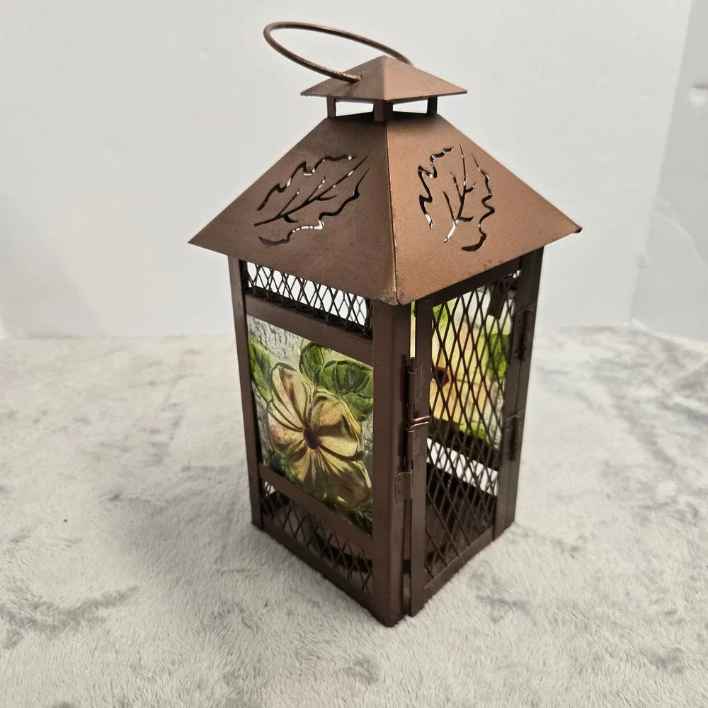 Copper Tone Metal Leaf Cutout Tea Light Lantern Painted Floral Glass Panels